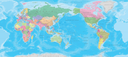 World Map NZ Centre - Traditional - Custom Sized Wallpaper Mural