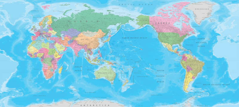 World Map NZ Centre - Traditional - Custom Sized Wallpaper Mural