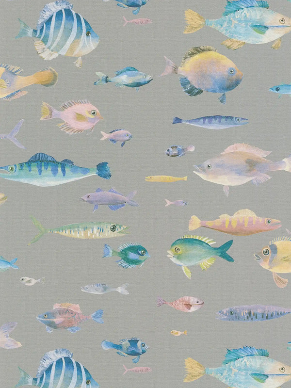Sample - School's Out Fish Wallpaper - Grey
