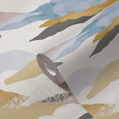 Graphic Wave and Palm Wallpaper - Blue/Pink/Beige