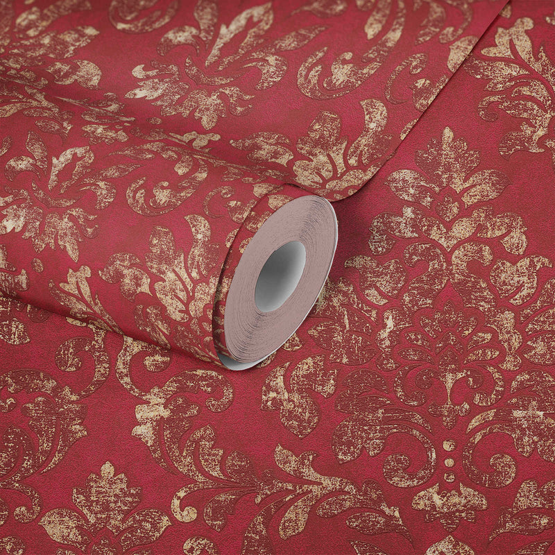 Baroque Damask Wallpaper - Red + Gold