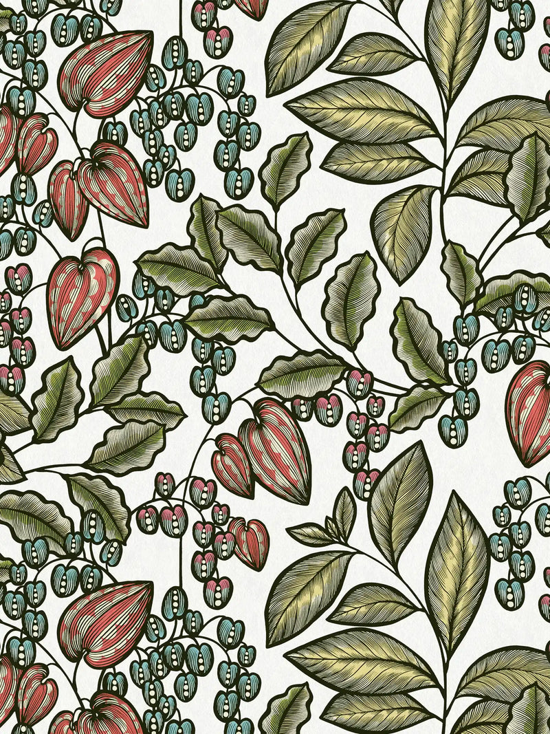 Sample - Floral Vine Wallpaper - White/Green