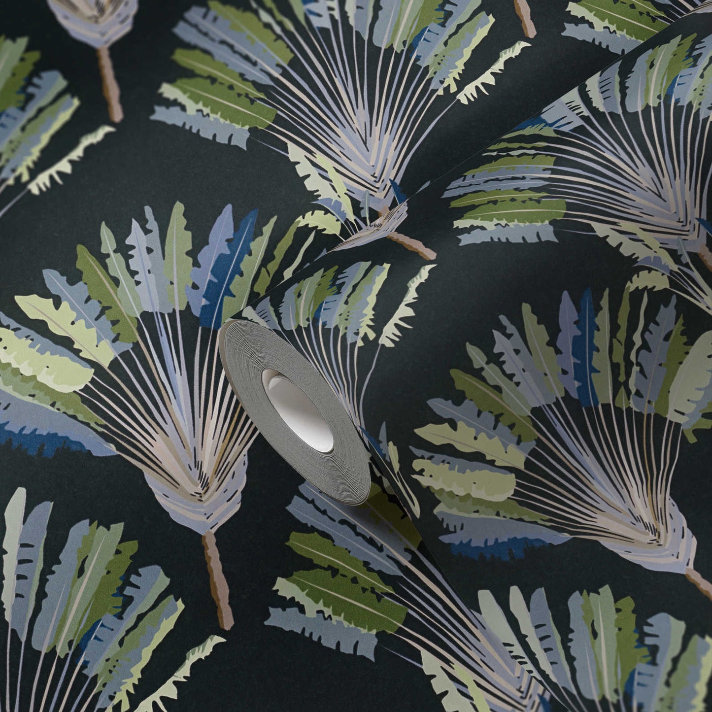 Watercolour Fan Trees Wallpaper - Black/Blue - Discontinuing