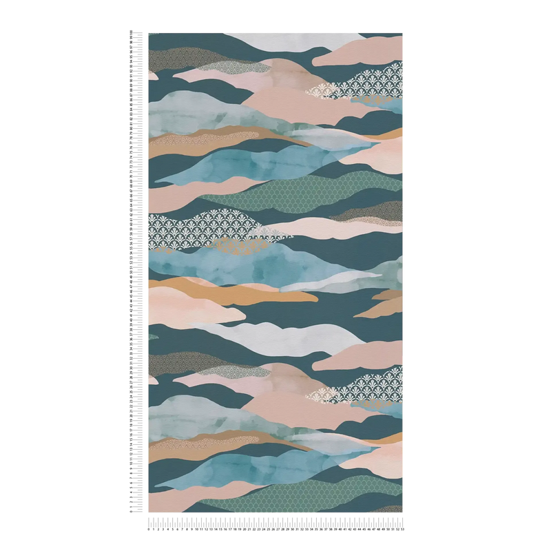 Graphic Wave and Palm Wallpaper - Blue/Green/Pink