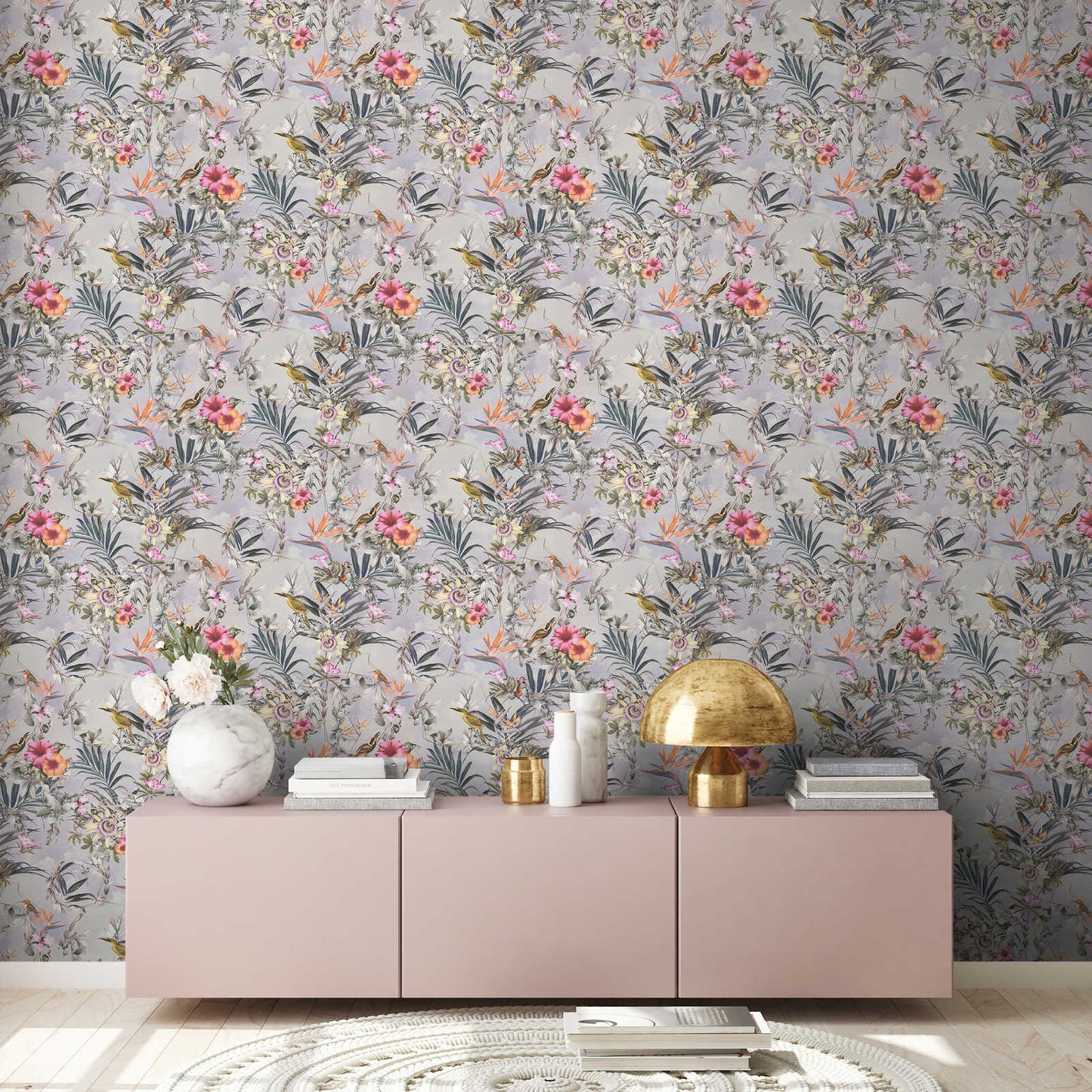 Hibiscus Haven – Crane & Bloom Wallpaper – Mist Blue