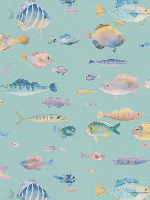 Sample - School's Out Fish Wallpaper - Teal