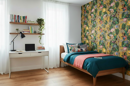 Alata Floral Trellis Ochre in bedroom scene
