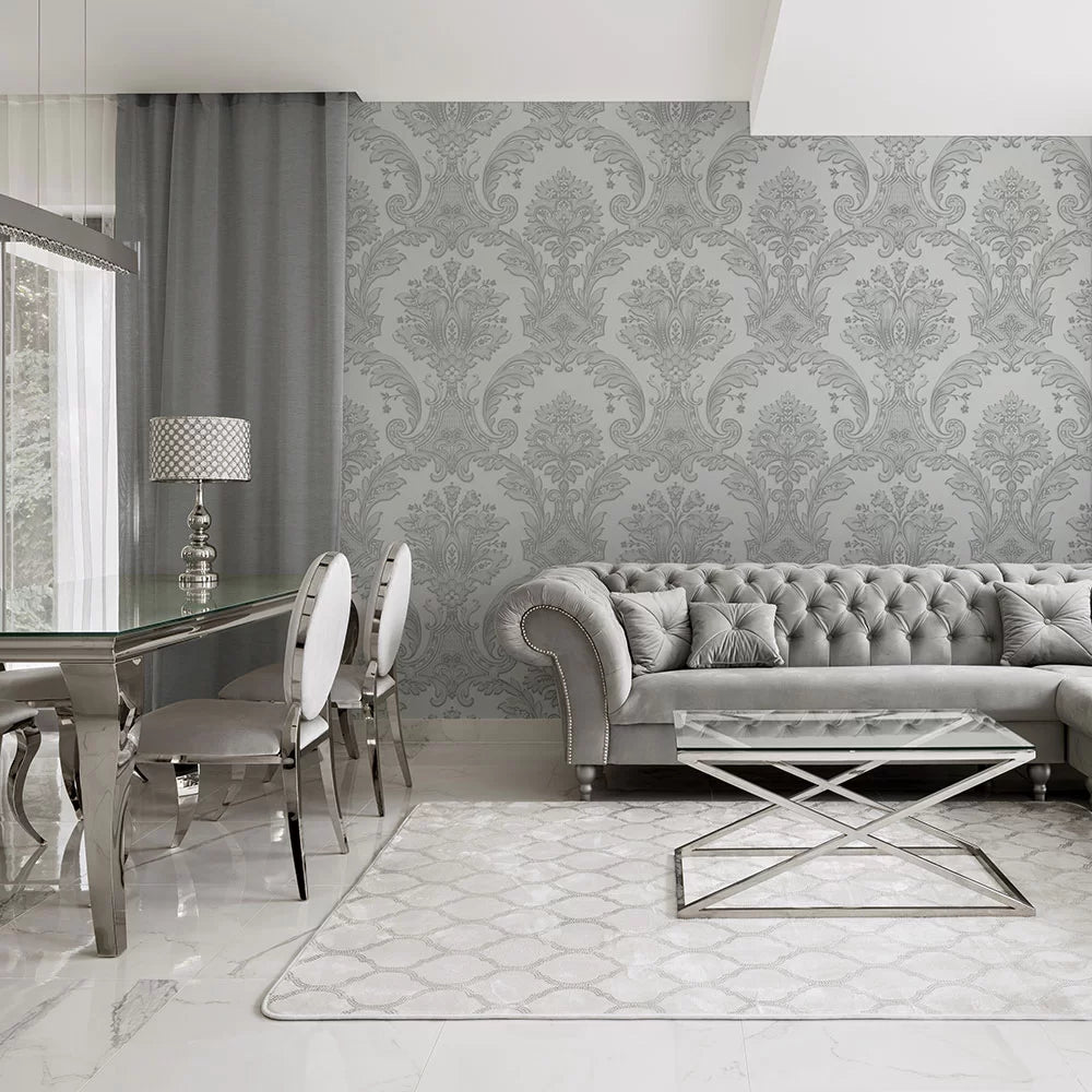 Amara Damask Wood Panel Wallpaper - Silver