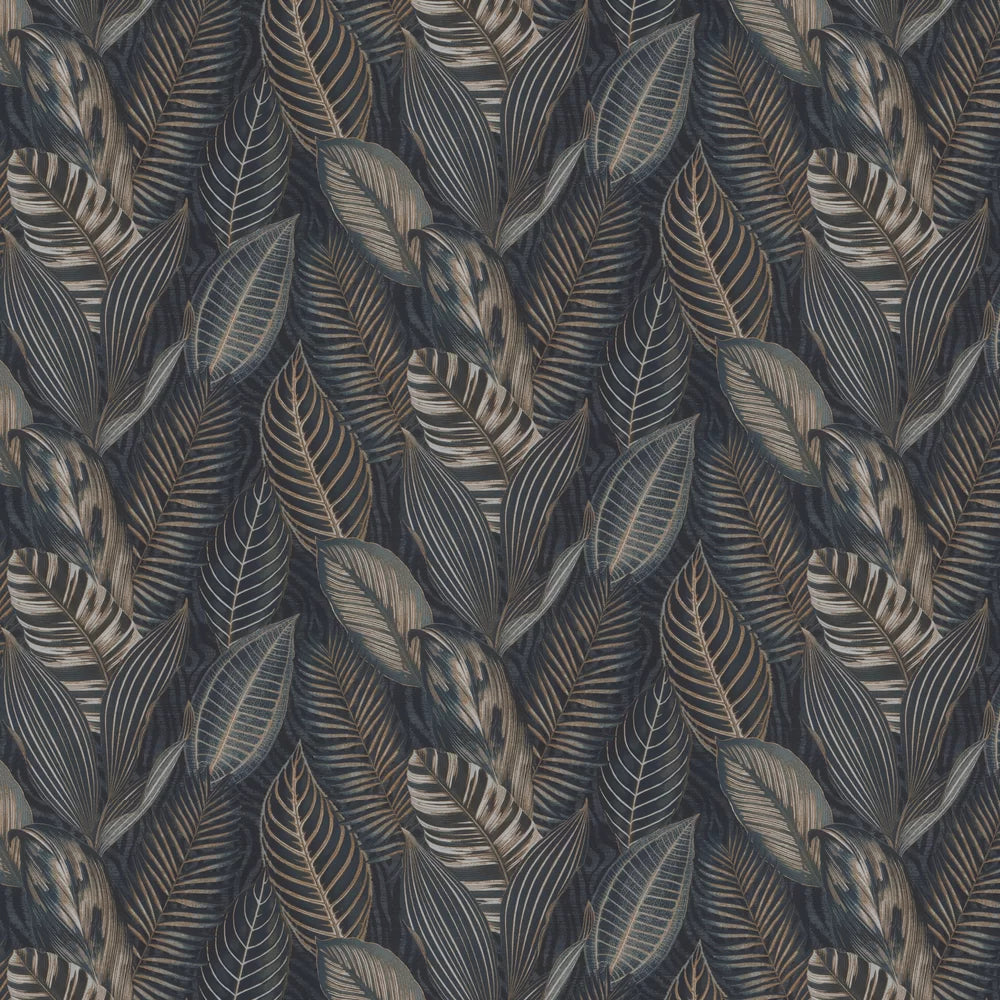 Exotic Leaves Wallpaper - Dark Blue and Copper