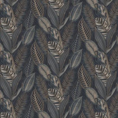 Exotic Leaves Wallpaper - Dark Blue and Copper
