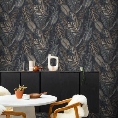 Exotic Leaves Wallpaper - Dark Blue and Copper