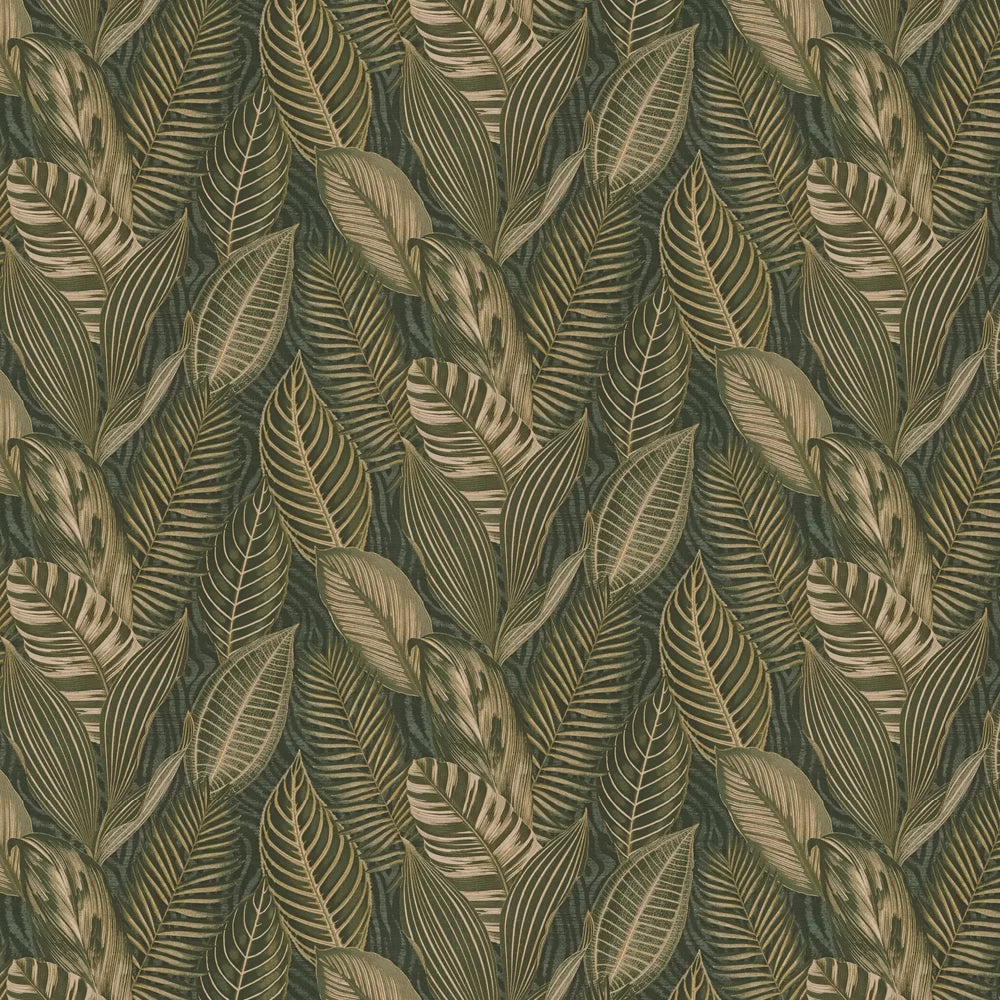 Exotic Leaves Wallpaper - Dark Green and Gold
