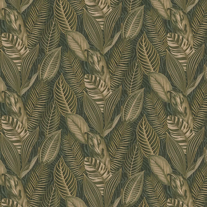 Exotic Leaves Wallpaper - Dark Green and Gold