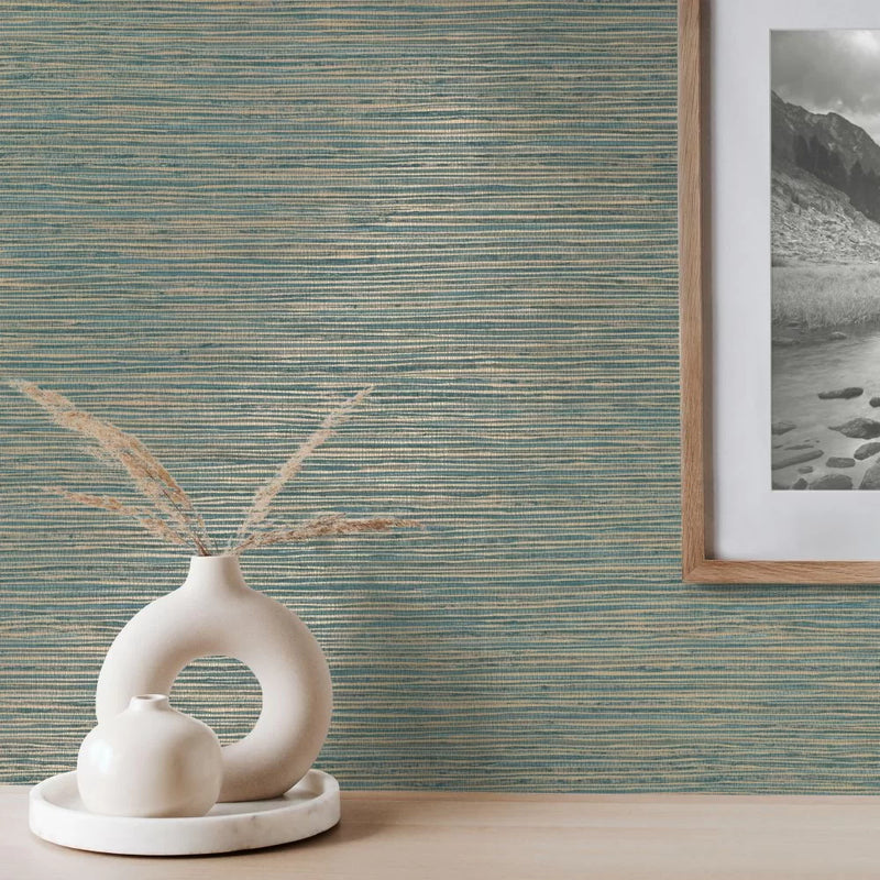 Grasscloth Wallpaper-Teal Gold