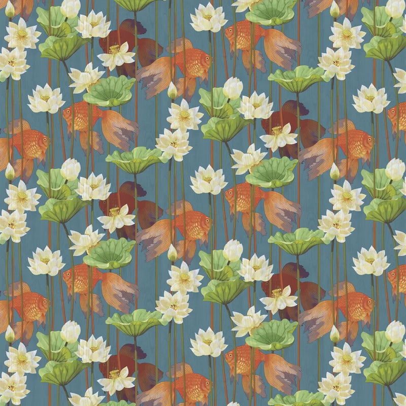 Sample - Lagoon Lily Goldfish Wallpaper - Blue