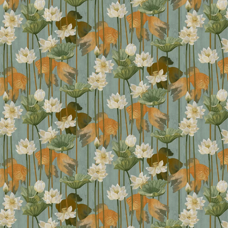Lagoon Lily Goldfish Wallpaper - Teal