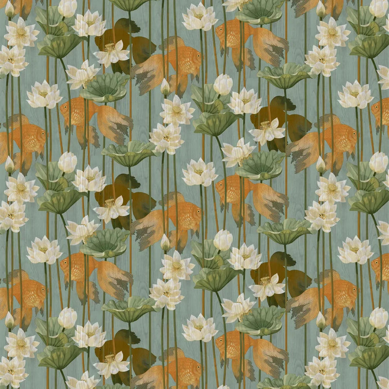 Sample - Lagoon Lily Goldfish Wallpaper - Teal