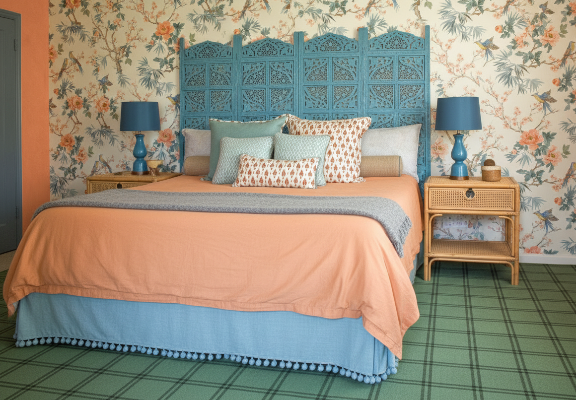 Amelie Chinoiseries - Light Blue Valance, Apricot Duvet