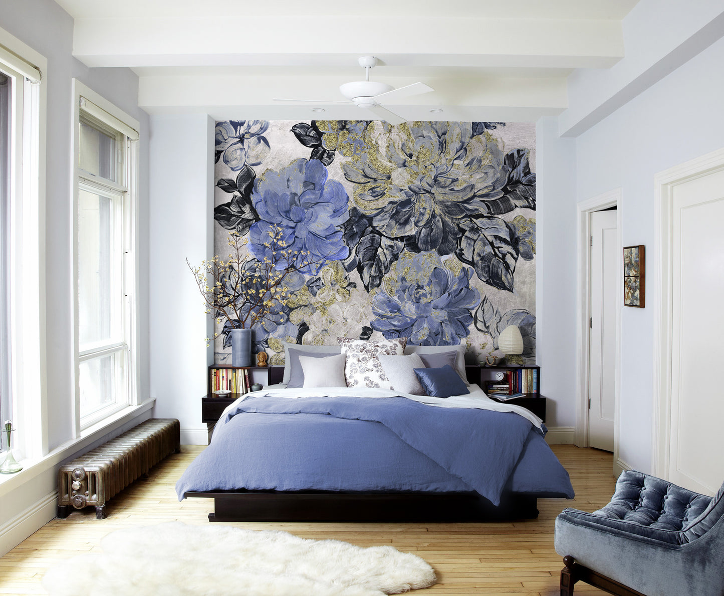 Vintage Blue Garden - Custom Sized Wallpaper Mural (per m2)