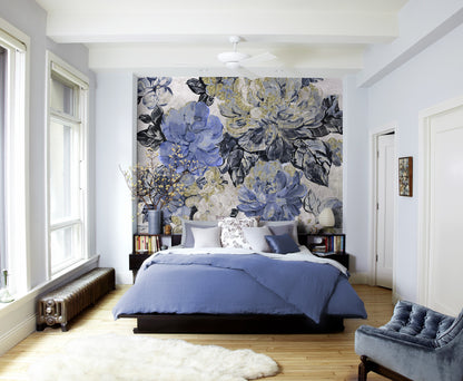 Vintage Blue Garden - Custom Sized Wallpaper Mural (per m2)