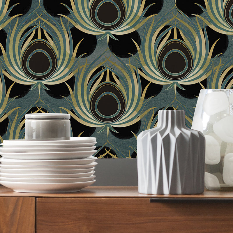 Opulent Plume - Teal - Custom Sized Wallpaper Mural (per m2)