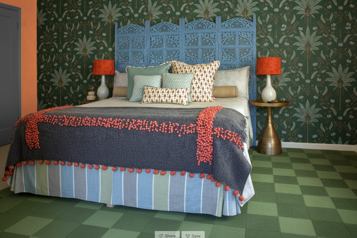 Ariara - Dusky Blue Bedhead, Longer Bobble Bedspread