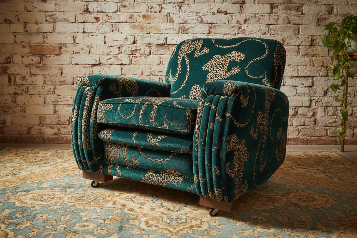 Art Deco Chair in Panthera Aquamarine with Rustic Brick Background