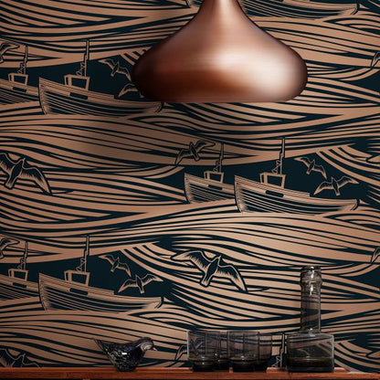 Whitby Boat Wallpaper - Midnight & Copper