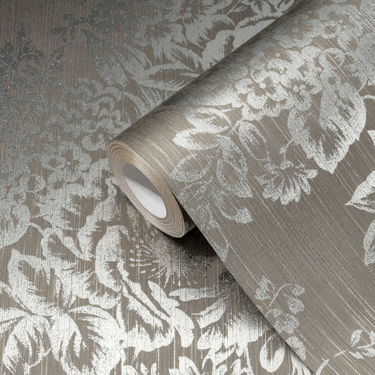 Textile Flower Wallpaper - Architects Paper - Metallic Silk - Brown/Silver - Discontinuing