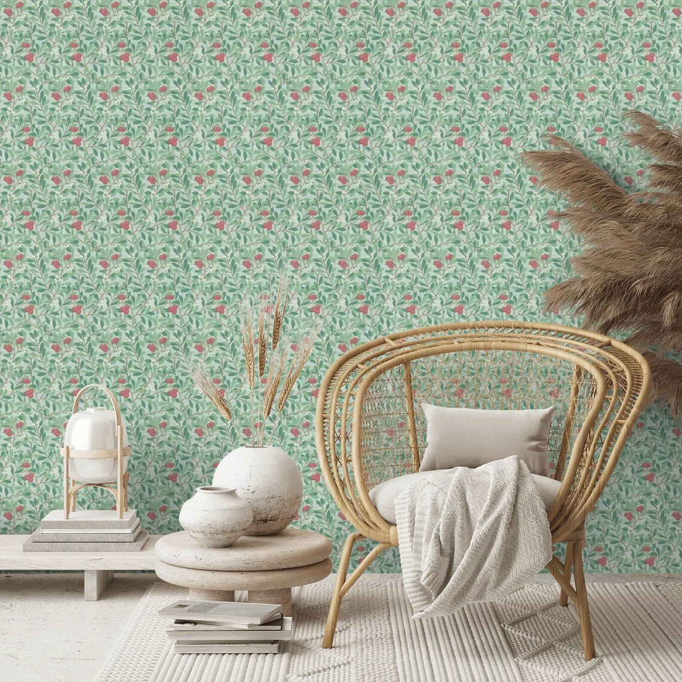 Arbutus by Morris Wallpaper - Thyme/Coral