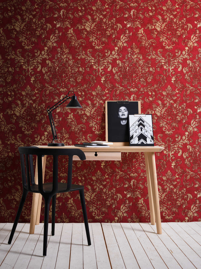 Baroque Damask Wallpaper - Red + Gold
