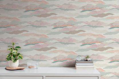 Graphic Wave and Palm Wallpaper - Pink/Blue/White