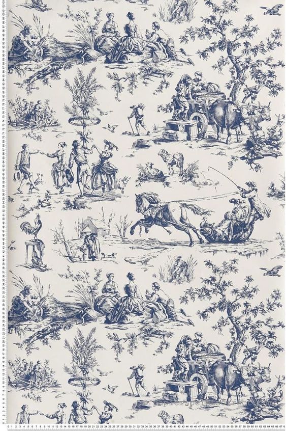 Sample - Vintage Toile Wallpaper - Cream/Navy