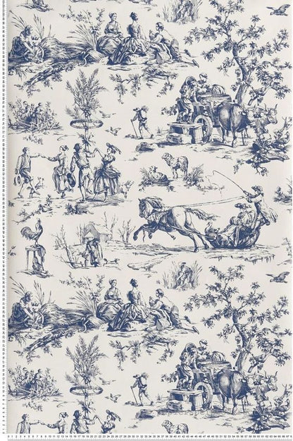 Vintage Toile Wallpaper - Cream/Navy