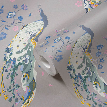 Majestic Peacock & Blossom Wallpaper - House of Turnowsky - Grey/Blue