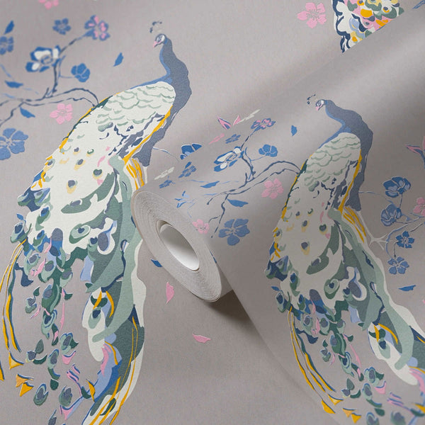 Sample - Majestic Peacock & Blossom Wallpaper - House of Turnowsky - Grey/Blue