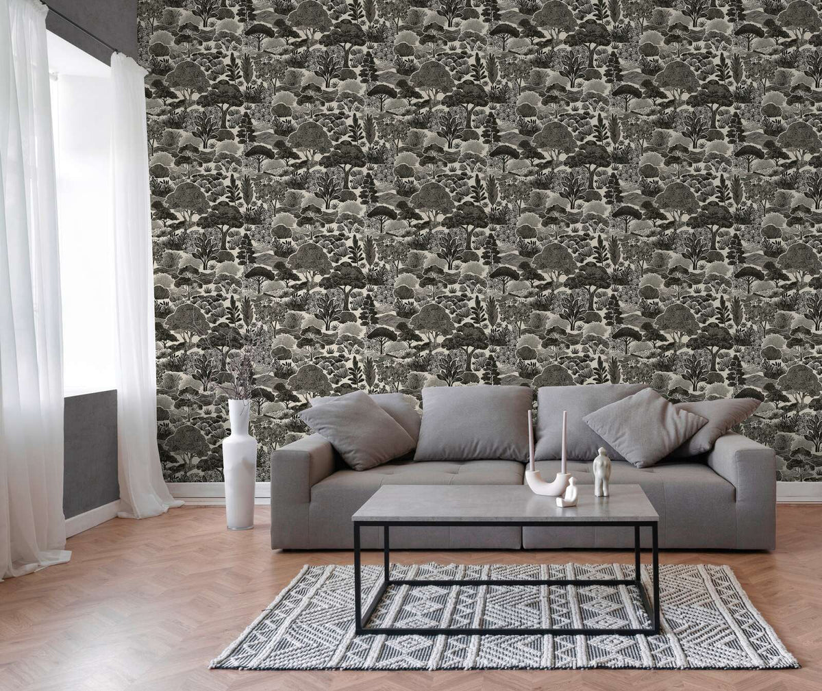 Arbor Woodland Toile Vinyl Wallpaper – Black