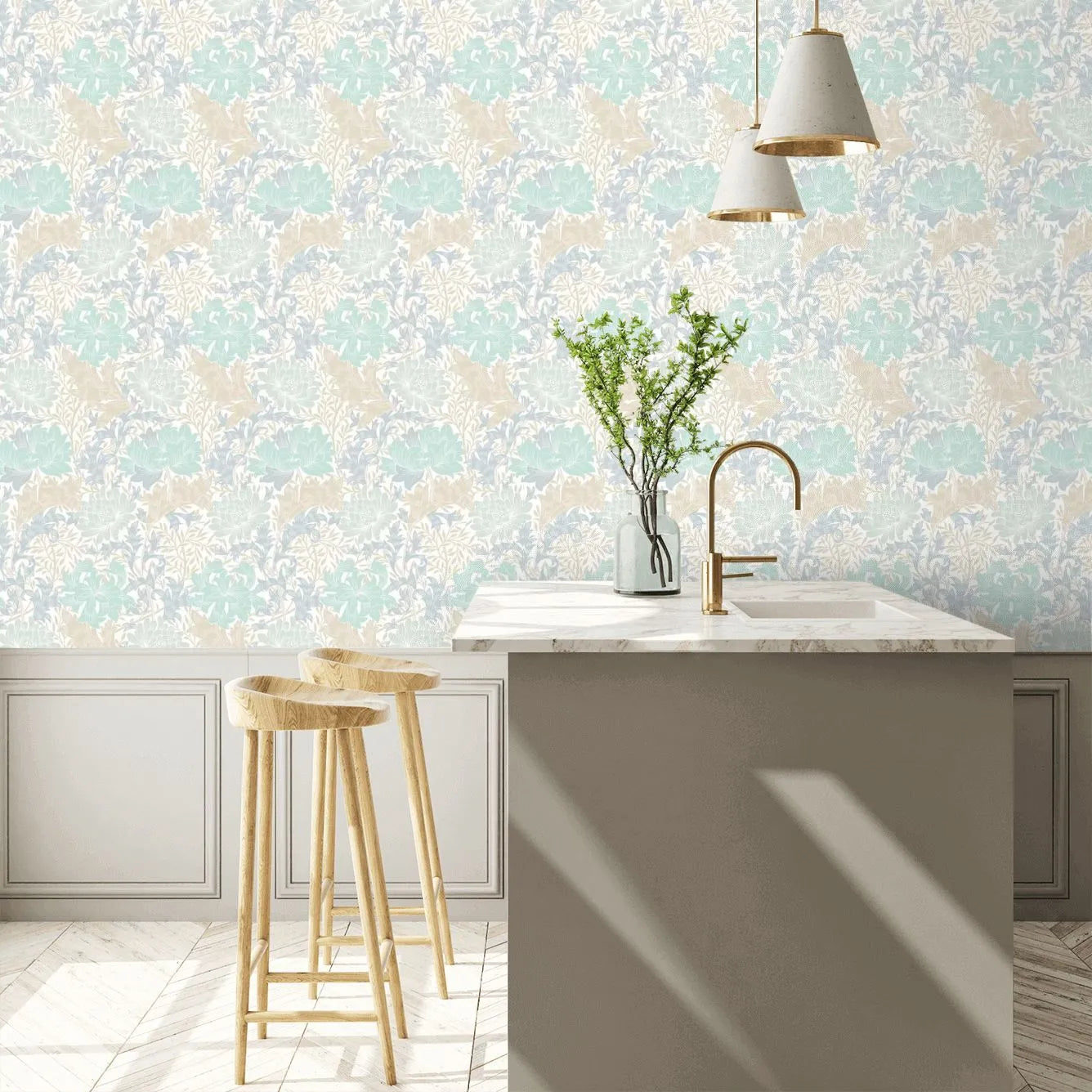 Chrysanthemum - Eden by Morris Wallpaper - Duck Egg Blue