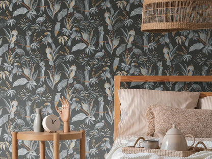 Jungle Birds Vinyl Wallpaper - Black/Grey