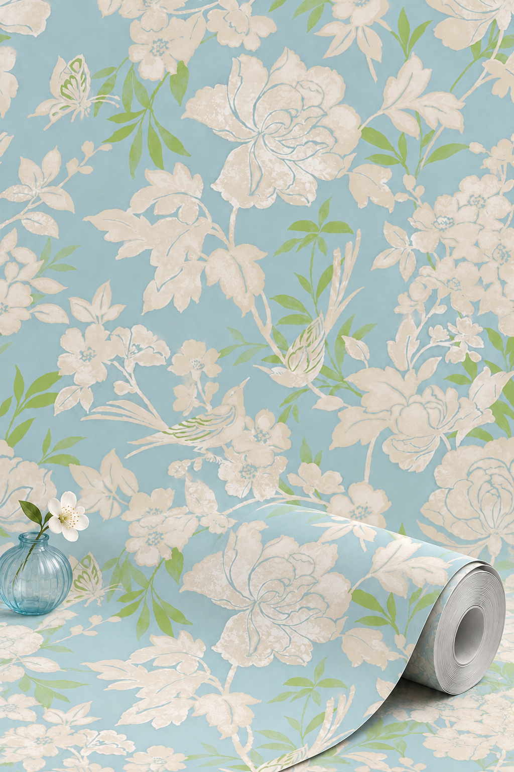Blooms and Birds Wallpaper - Dusky Blue with Beige Shimmer