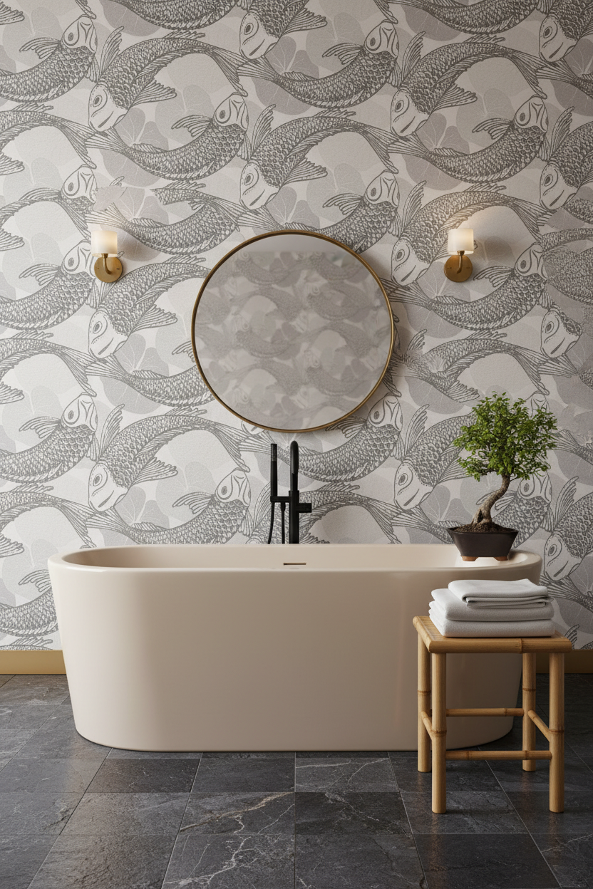 Tokyo Fish Bowl Vinyl Wallpaper - Dark Grey - Discontinuing