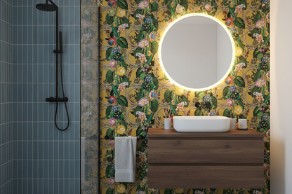 Bathroom with Alata ochre floral wallpaper on mirror wall