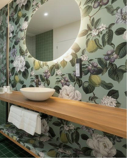Bathroom with Pendula Aqua wallpaper on mirror wall, sage green tiled walk-in shower and dark green floor