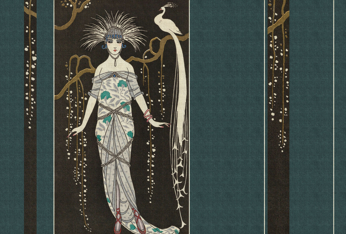 Adlon 2 - Vintage Lady With Peacock - Blue - Custom Sized Wallpaper Mural (per m2)