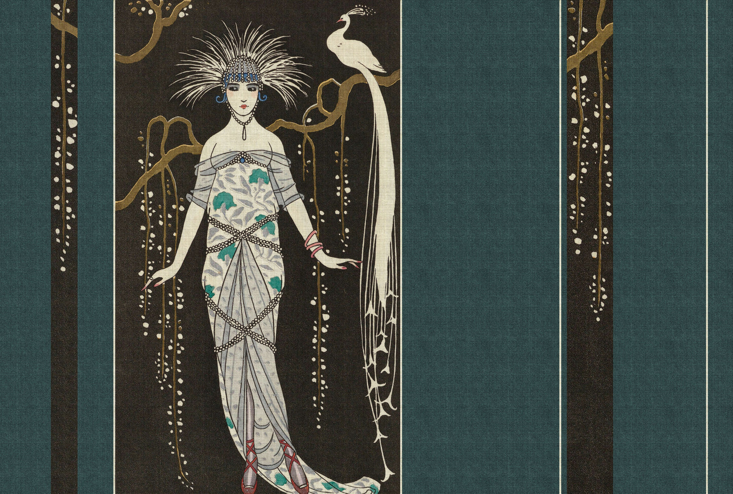 Adlon 2 - Vintage Lady With Peacock - Blue - Custom Sized Wallpaper Mural (per m2)