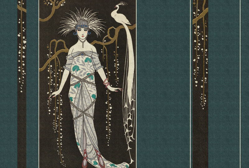 Adlon 2 - Vintage Lady With Peacock - Blue - Custom Sized Wallpaper Mural (per m2)
