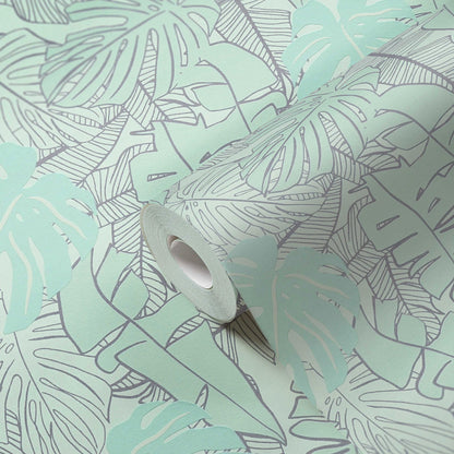 Metallic Monstera Fronds Wallpaper - House of Turnowsky - Turquoise
