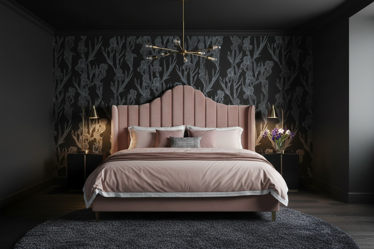 Bedroom - Giselle Soft Pink Headboard with Iris Floral Wallpaper and Black Ceiling