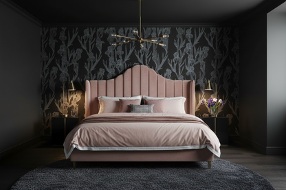 Bedroom - Giselle Soft Pink Headboard with Iris Floral Wallpaper and Black Ceiling