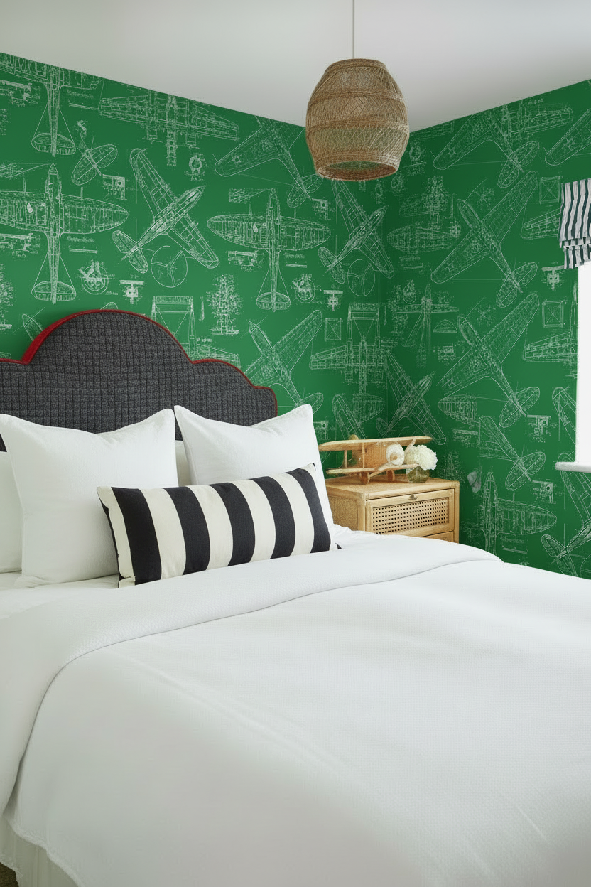 Zoom Airplane - Forest Green - Custom Sized Wallpaper Mural (per m2)